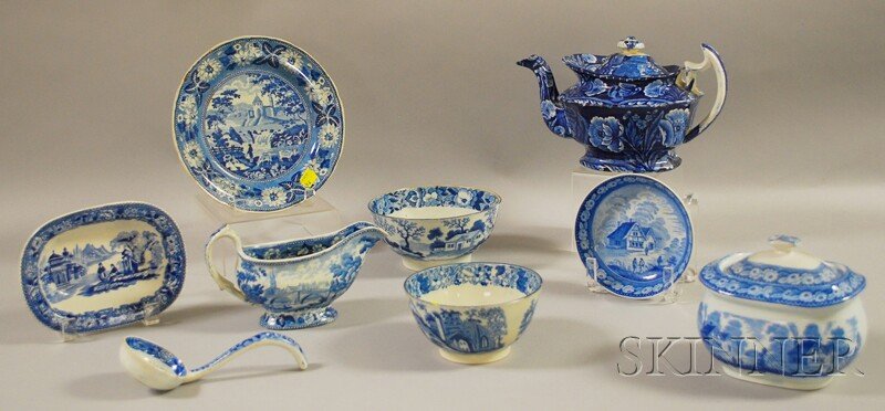 Nine Pieces of English Blue Transfer-decorated Sta: Nine Pieces of English Blue Transfer-decorated Staffordshire Tableware, a Clews eagle on urn teapot, a covered sugar, a plate, ladle, small bowl, sauceboat, saucer, waste bowl, and a small serving bow