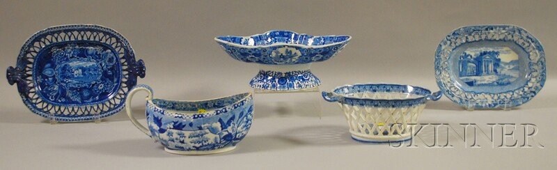 Five Pieces of English Blue Transfer-decorated Sta: Five Pieces of English Blue Transfer-decorated Staffordshire Tableware, a fruit basket, a platter with reticulated rim, a footed serving dish, and Hall's Select Views Luscombe, Devonshire pattern plat