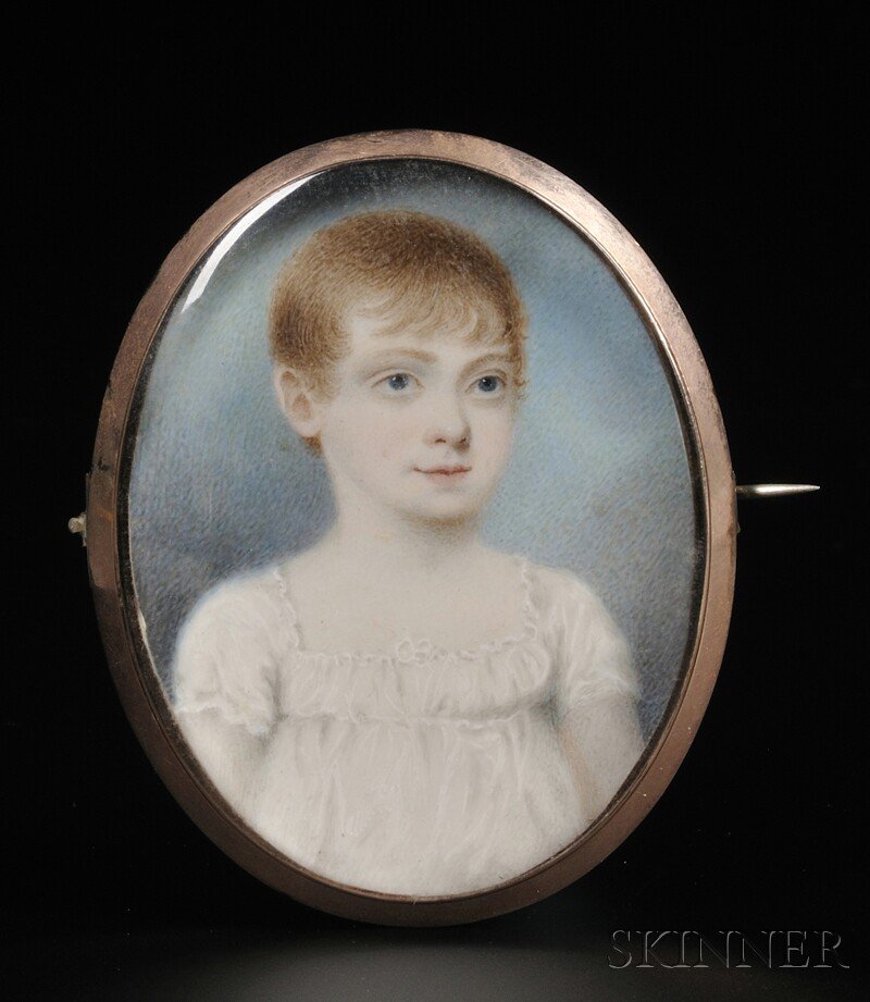 British School, Early 19th Century Portrait Miniat: British School, Early 19th Century Portrait Miniature of a Young Child, c. 1810. Unsigned. Watercolor on ivory, oval portrait, 2 1/2 x 2 in., in an oval brass brooch case, the reverse ornamented with