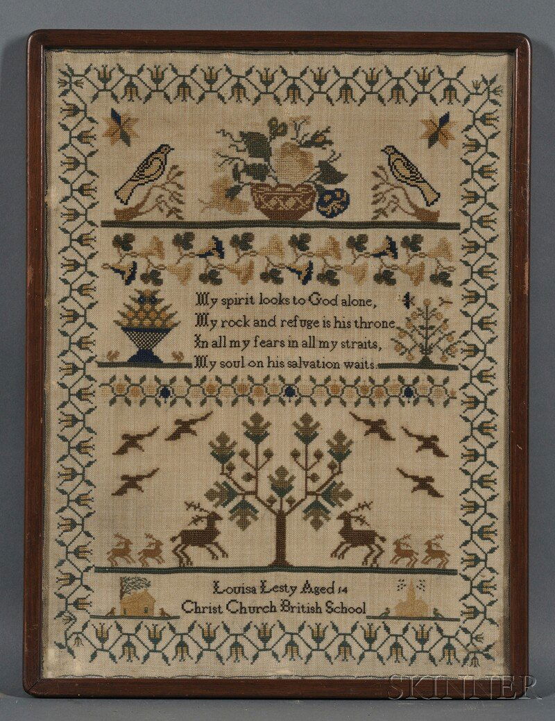 Needlework Sampler, "Louisa Lesty Aged 14 Christ: Needlework Sampler, "Louisa Lesty Aged 14 Christ Church British School," probably early 19th century, executed in silk threads on a linen ground, with four panels depicting birds and a potted flowerin