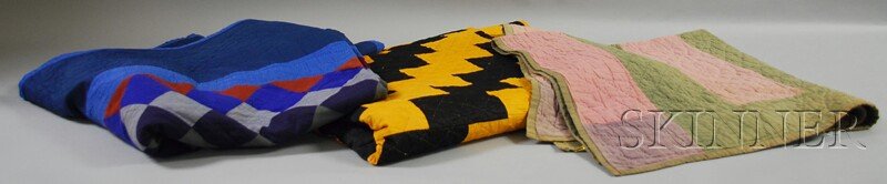 Three Hand-stitched Pieced Cotton Amish and/or Me: Three Hand-stitched Pieced Cotton Amish and/or Mennonite Quilts Including Crib Size, all geometric designs with stitched patterns, one blue, made with some wool, crib quilt in homespun linen fabric, a