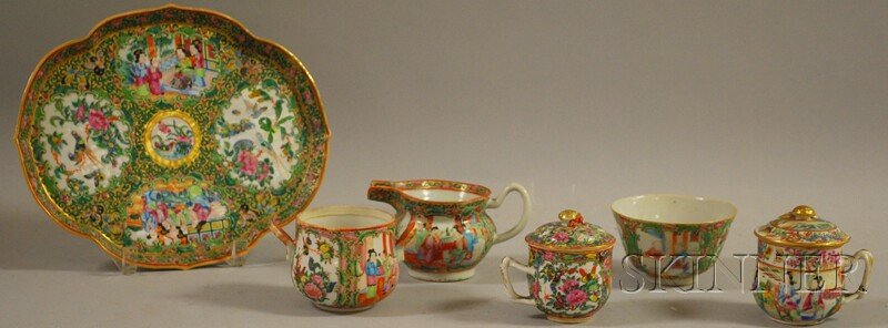 Six Chinese Export Rose Medallion Pattern Porcela: Six Chinese Export Rose Medallion Pattern Porcelain Table Items, late 19th century, two covered posset pots, a sugar bowl, creamer, a tea bowl, and a lobed tray, (tray repaired), ht. 5/8 to 3 1/4 in.