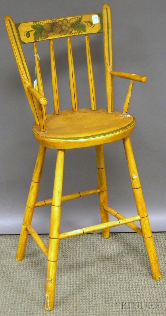 Yellow-painted and Decorated Windsor Thumb-back H: Yellow-painted and Decorated Windsor Thumb-back High Chair.