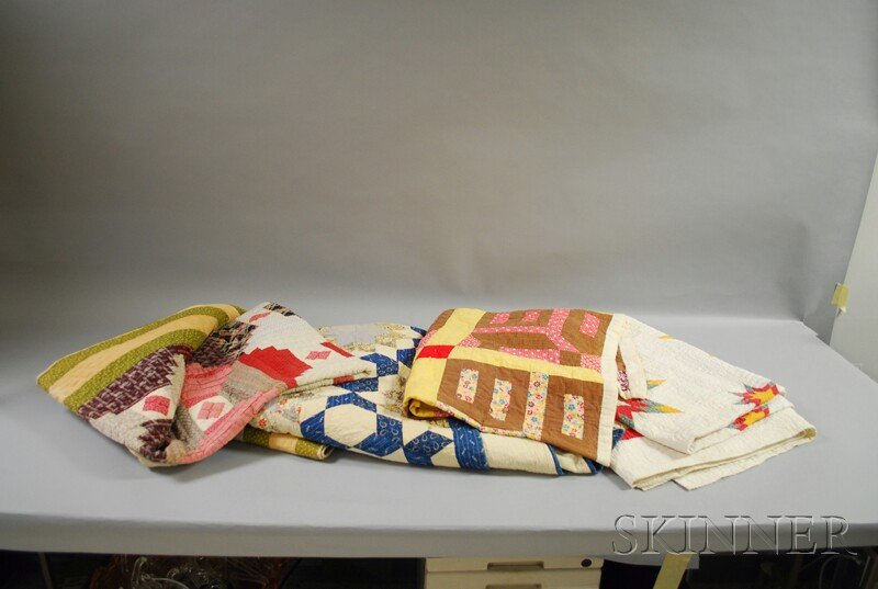 Four Hand-stitched Pieced Cotton Quilts, includin: Four Hand-stitched Pieced Cotton Quilts, including two with star patterns, house, and log cabin variations.