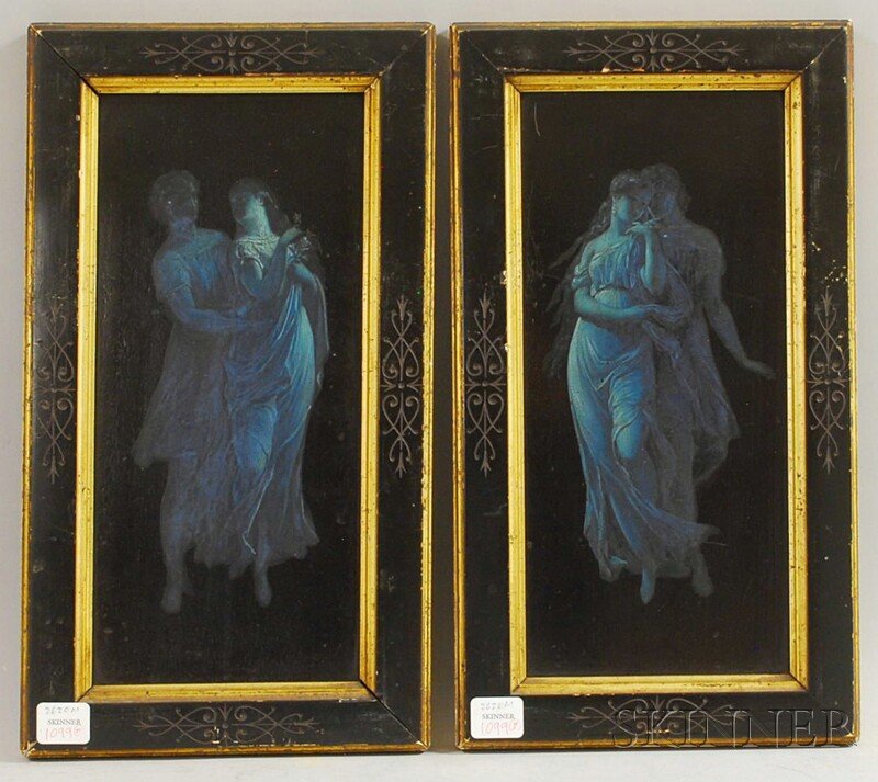 Pair of 19th Century American School Oil on Board: Pair of 19th Century American School Oil on Board Portraits of Classical Couples, unsigned, in Eastlake-type parcel-gilt and ebonized wood frames, overall 15 7/8 x 8 3/4 in.