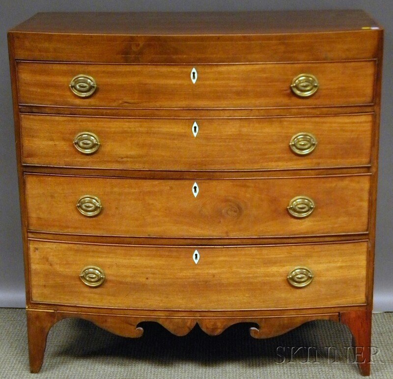 Regency Inlaid Mahogany and Mahogany Veneer Bowfr: Regency Inlaid Mahogany and Mahogany Veneer Bowfront Bureau, ht. 40 1/4, wd. 40 1/4 in.