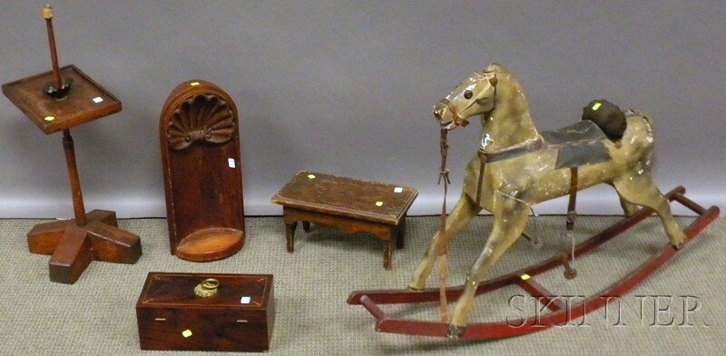 Five Assorted Decorative Americana Items, a pine: Five Assorted Decorative Americana Items, a pine and maple candlestand/table with crossed base, a concave shell-carved pine wall sconce, a pine cricket, inlaid mahogany veneer document box, and a carv
