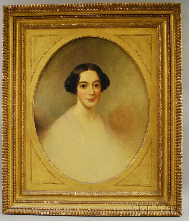 19th Century School of Thomas Sully Oil on Canvas: 19th Century School of Thomas Sully Oil on Canvas Portrait of Nancy Elizabeth Sugden of Norwich, Connecticut, unsigned, oval format, in a giltwood and gesso frame, sight size 26 x 20 1/2 in.