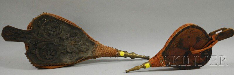 Smoke and Stencil-decorated Wood Bellows and a La: Smoke and Stencil-decorated Wood Bellows and a Late Victorian Carved Oak Bellows.