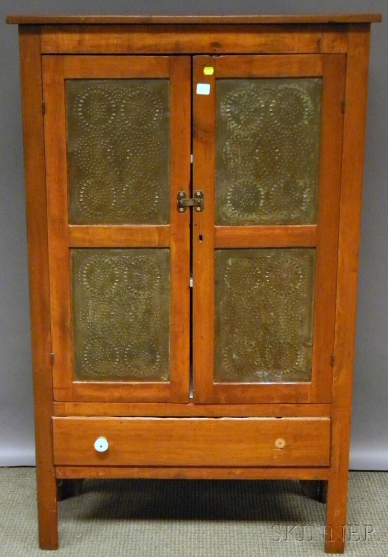Country Pine and Punched-tin-paneled Two-door Pie: Country Pine and Punched-tin-paneled Two-door Pie Safe with Drawer, the interior painted light blue with two fixed shelves, ht. 52 1/4, wd. 32 1/2, dp. 13 3/4 in.