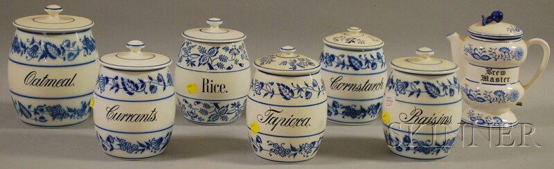 Assembled Set of Six German Stencil-decorated Cer: Assembled Set of Six German Stencil-decorated Ceramic Kitchen Canisters and a Coffee Maker.