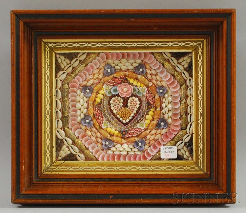 Parcel-gilt and Walnut-framed Sailor's Seashell V: Parcel-gilt and Walnut-framed Sailor's Seashell Valentine, with central heart design, overall 13 1/4 x 15 1/2 in.