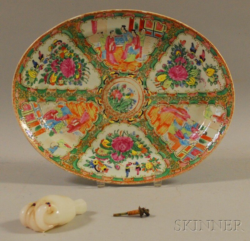Chinese Export Porcelain Rose Medallion Pattern O: Chinese Export Porcelain Rose Medallion Pattern Oval Platter and a Chinese Jeweled Clambroth Glass Clinched Hand-form Scent Bottle, platter lg. 13 1/4, bottle ht. 4 in.