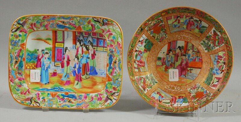 Chinese Export Porcelain Rose Mandarin Pattern Bo: Chinese Export Porcelain Rose Mandarin Pattern Bowl and Serving Dish, bowl ht. 3 3/4, dia. 9 1/4, dish lg. 10 in.