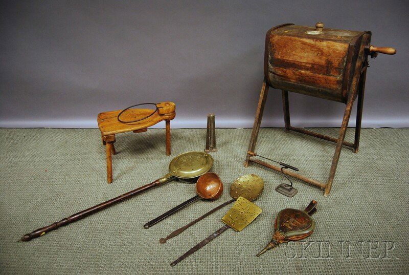 Nine Assorted Hearth and Domestic Items, a brass: Nine Assorted Hearth and Domestic Items, a brass bedwarmer with turned wood handle, a painted and stencil-decorated wood bellows, a goffering iron with stand, a tin candle mold, a wrought iron-handled