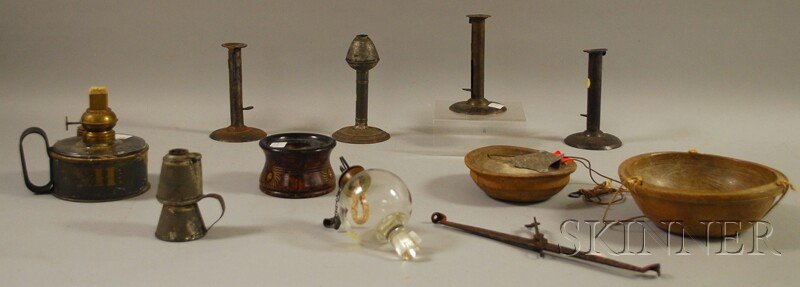 Group of 19th Century Domestic and Lighting Artic: Group of 19th Century Domestic and Lighting Articles, a turned wood and painted iron butter scale, a grain-painted and stencil-decorated turned wood inkwell with paper manufacturer's label "S. Sillima