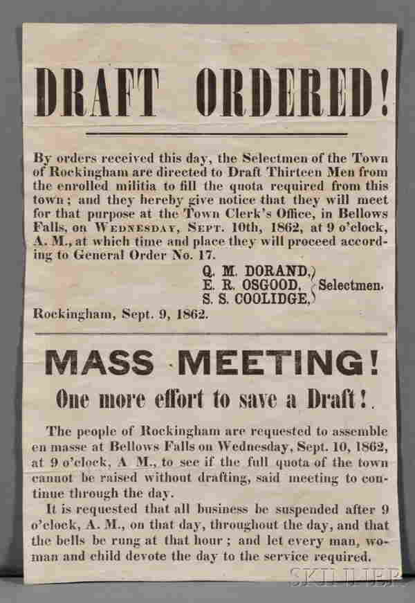 Civil War Draft Notice Broadside, Rockingham, Vermo Nov 18, 2012