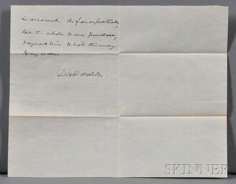 Webster, Daniel (1782-1852) Autograph Letter Signe: Webster, Daniel (1782-1852) Autograph Letter Signed, 24 April 1845. Paper bifolium, one and a half pages inscribed. To John Taylor junior, of Franklin, New Hampshire, asking him to cut firewood. On li