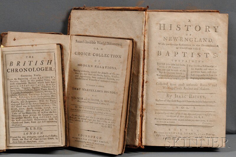 Backus, Isaac (1724-1806) A History of New England: Backus, Isaac (1724-1806) A History of New England with particular reference to Baptists. Boston: by Draper, sold by Freeman, 1777. Octavo, first edition, 544 pages, volume one only; in contemporary s