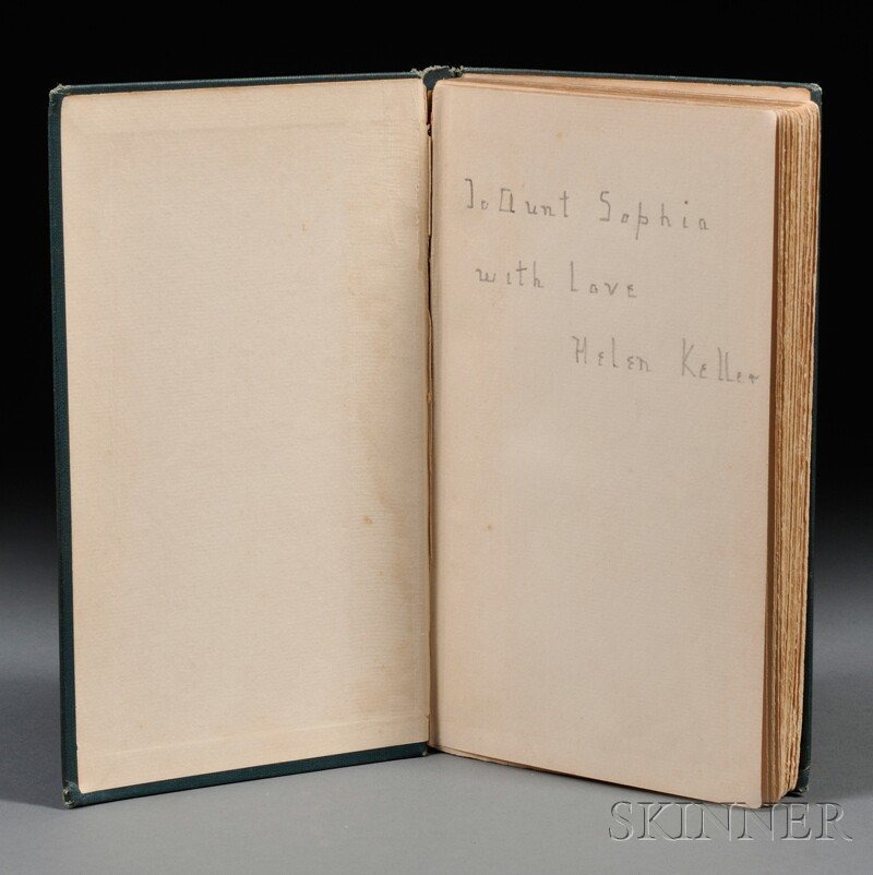 Keller, Helen (1880-1968) The World I Live In, Si: Keller, Helen (1880-1968) The World I Live In, Signed. New York: Century, 1908. Octavo, first edition, inscribed in pencil by Keller on ffep, "To Aunt Sophia, with love, Helen Keller," four illustrati