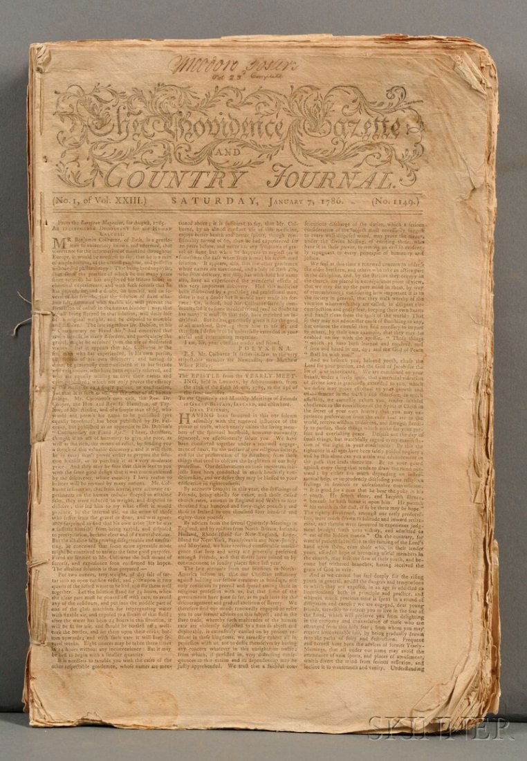 Newspapers: Providence Gazette and Country Journal: Newspapers: Providence Gazette and Country Journal. Providence: John Carter, January 7, 1786-December 30, 1786. Approximately fifty issues, deckle edges throughout, evenly toned, stab sewn together. N