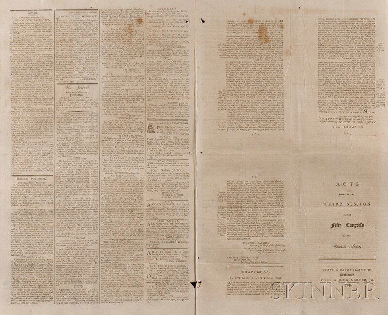 Newspapers: Providence Journal and Town and Countr: Newspapers: Providence Journal and Town and Country Advertiser. Providence: John Carter, January 23, 1799-November 13, 1799. Approximately thirty issues, including all but one signature of the book: A