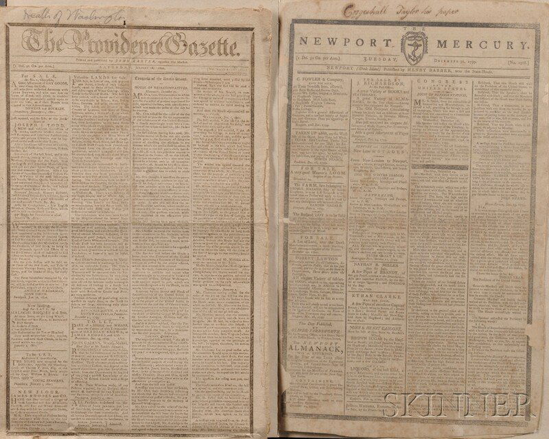 Washington, George (1732-1799) Newspaper Announcem: Washington, George (1732-1799) Newspaper Announcements of his Death. Newport Mercury, Newport: Henry Barber, December 31, 1799, silked, marginal tears with loss, bound in half morocco. Together with: