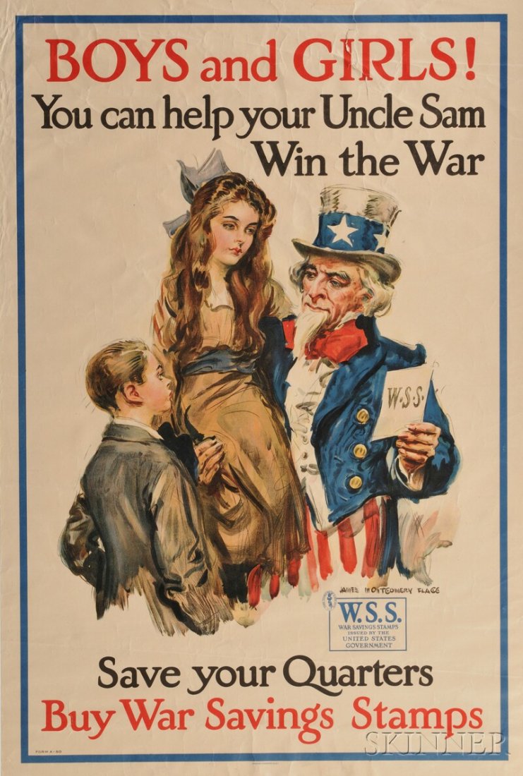 World War I Recruiting Poster: Boys and Girls! You: World War I Recruiting Poster: Boys and Girls! You Can Help your Uncle Sam Win the War. James Montgomery Flagg (1877-1960). Lithograph on paper, wrapped on foam core, with one tear at the head. Uncle 