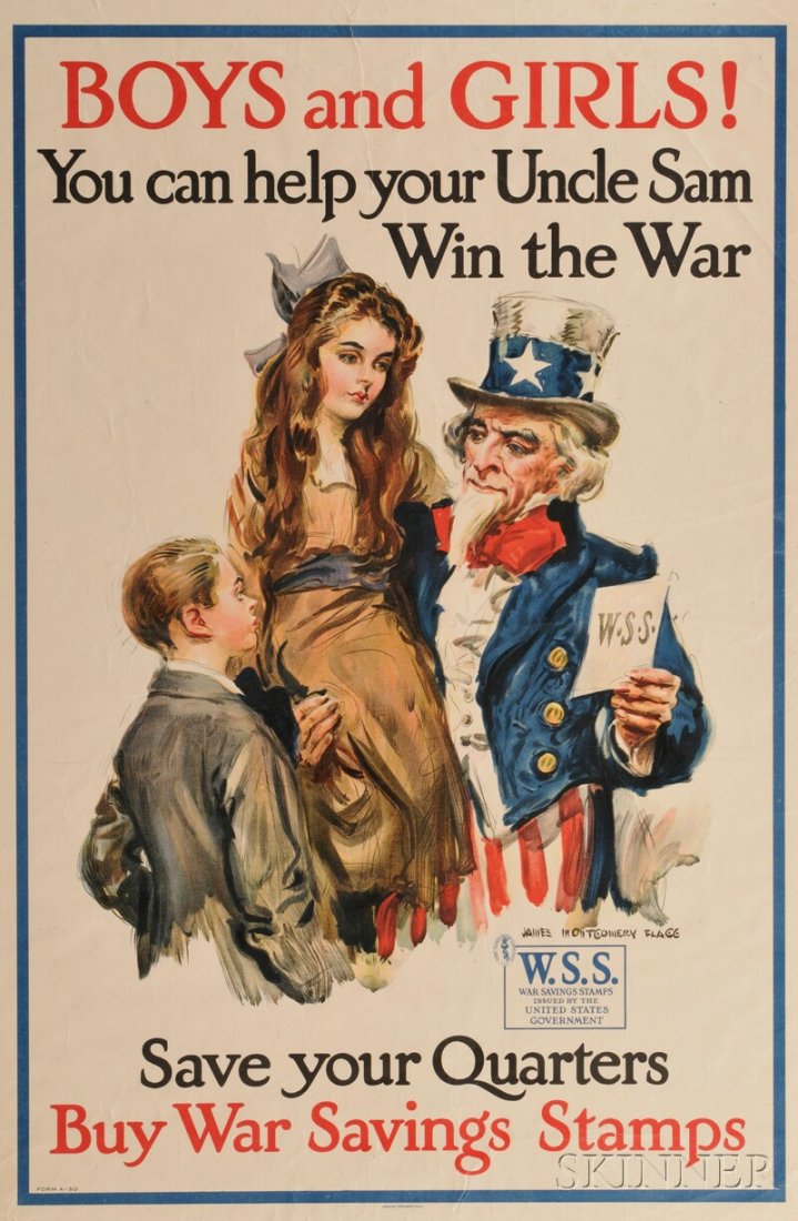 World War I Recruiting Poster: Boys and Girls! You: World War I Recruiting Poster: Boys and Girls! You Can Help your Uncle Sam Win the War. James Montgomery Flagg (1877-1960). Lithograph on paper, wrapped on foam core, with one tear at the head.