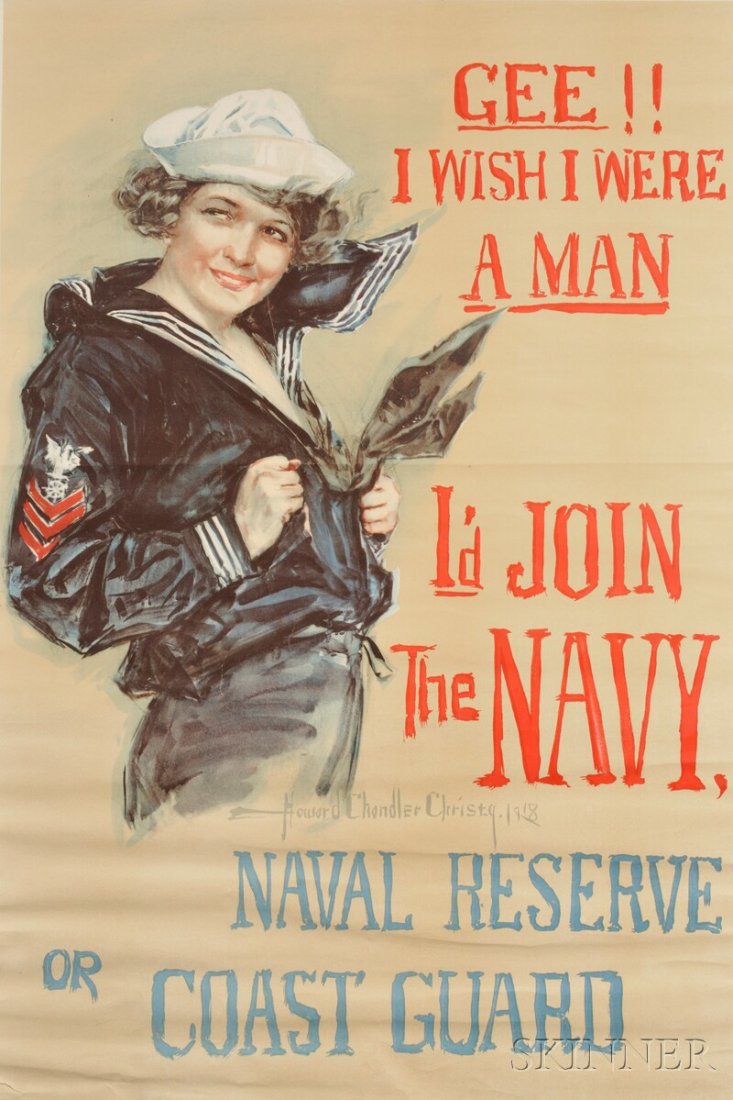World War I Recruiting Poster: Gee!! I Wish I Were: World War I Recruiting Poster: Gee!! I Wish I Were a Man, I'd Join the Navy. Howard Chandler Christy (1873-1952). Lithograph on paper, wrapped on foam core, with some old folds and marginal tears, wit