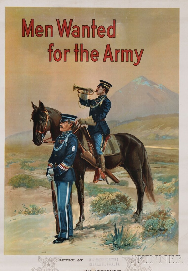 World War I Recruiting Poster: Men Wanted for the: World War I Recruiting Poster: Men Wanted for the Army. Michael P. Whelan (fl. circa 1915). Cavalry scene, a mounted soldier plays the bugle, another officer stands with his rife at the horse's should