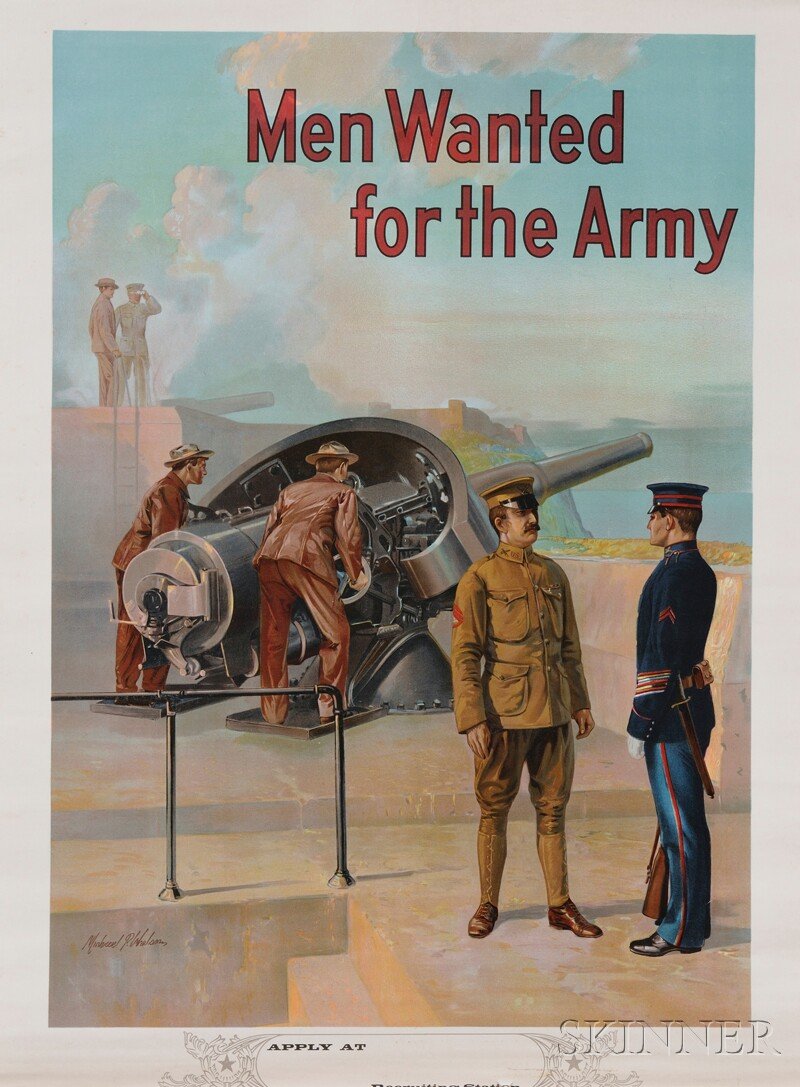 World War I Recruiting Poster: Men Wanted for the: World War I Recruiting Poster: Men Wanted for the Army. Michael P. Whelan (fl. circa 1915). In the middle ground, two soldiers operate an artillery battery from the top of a fort, in the distance, ano