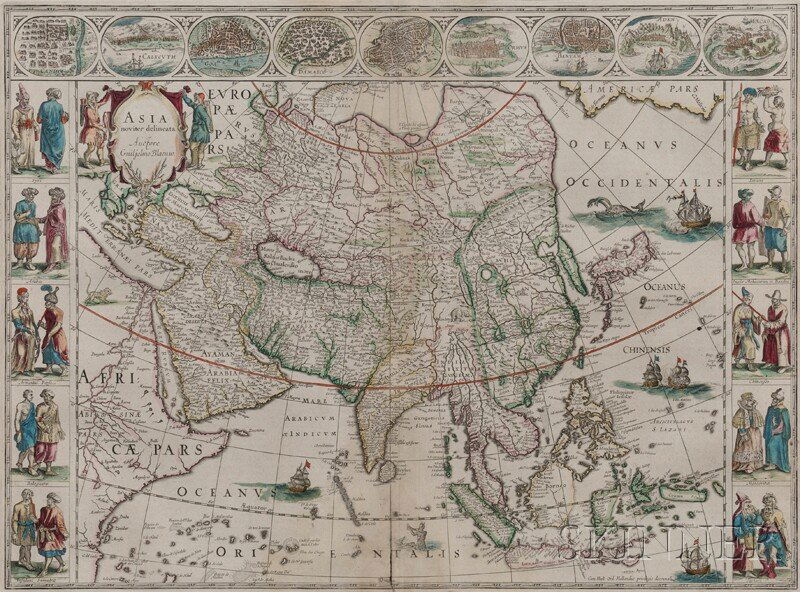 Asia. Willem Blaeu (1571-1638) Asia Noviter Deline: Asia. Willem Blaeu (1571-1638) Asia Noviter Delineata. Amsterdam: J. Blaeu, 1635. Engraved copperplate map, colored by hand, printed on two sheets pasted together, matted and framed, 16 x 22 in. Nine
