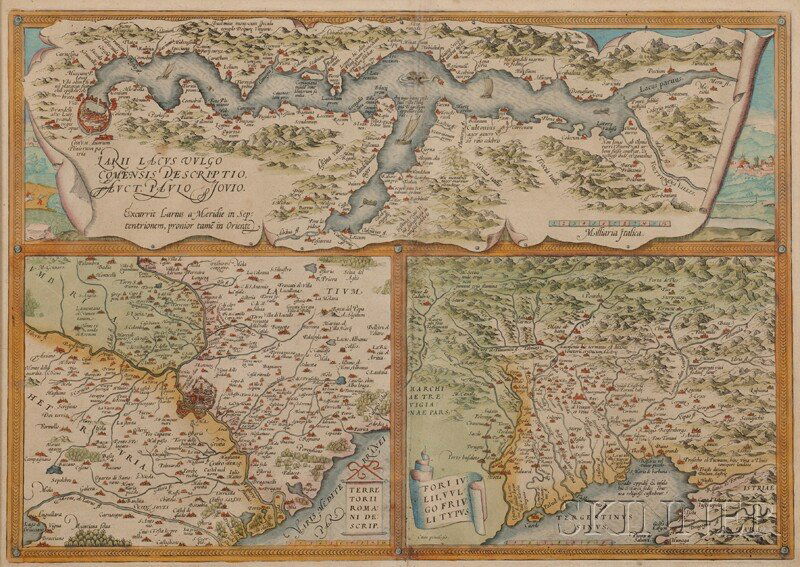 Lake Como. Abraham Ortelius (1527-1598) Larii Lacu: Lake Como. Abraham Ortelius (1527-1598) Larii Lacus Vulgo Comensis Descriptio. Auct. Paulo Jovio. Antwerp, 1587. Double-page folio engraved map with discreet join, hand-colored, framed, with Lake Como