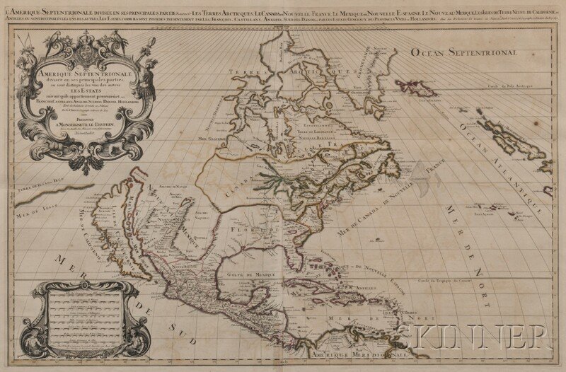 North America. Nicolas Sanson d'Abbeville (1600-16: North America. Nicolas Sanson d'Abbeville (1600-1667) L'Amerique Septentriolae Divisee en ses Prinipales Parties. Amsterdam: Hubert Jaillot, 1692. Large hand-colored engraved map, two sheets pasted to
