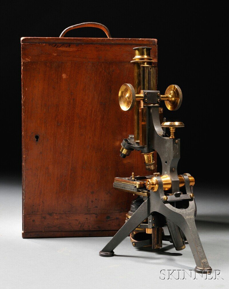 Watson & Sons Microscope, London, no. 4421, rack and: Watson & Sons Microscope, London, no. 4421, rack and pinion coarse focus, micrometer screw fine focus, dual nosepiece, mechanical stage, X and Y adjustments with vernier scales, substage condenser, ir