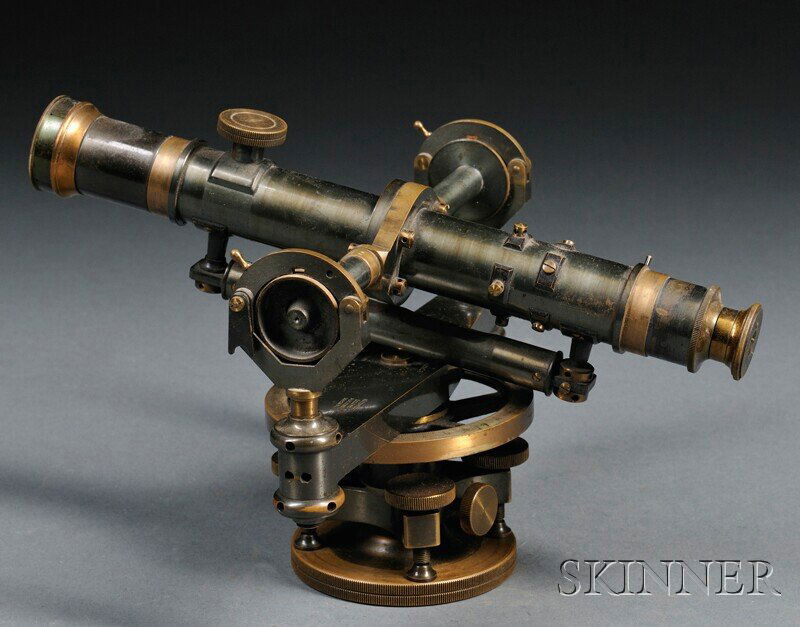 Keuffel & Esser Co. Oxidized and Lacquered Brass Tr: Keuffel & Esser Co. Oxidized and Lacquered Brass Transit Telescope, New York, 11-in. telescope with rack focusing on lens rotating on a perpendicular axis arm, dual bubble levels with rule marks, and