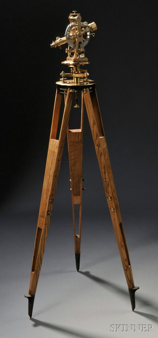 Otto Fennel Sohne Brass Surveyor's Transit, Germany: Otto Fennel Sohne Brass Surveyor's Transit, Germany, no. 11820, the 10-in. telescope with rack focusing, bubble level, 6-in. silvered vertical circle with dual verniers, magnifiers, and bubble level, 