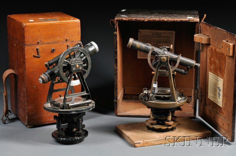 Two Surveyor's Transits, a W. & L.E. Gurley 10-in.: Two Surveyor's Transits, a W. & L.E. Gurley 10-in. telescope, rake focusing, encased vertical circle with vernier, "A" frame supports, compass with cardinal points, marked W. & L.E. Gurley Troy, N.Y.,