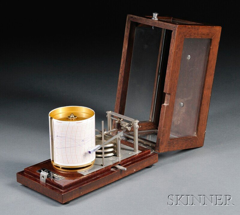 Ets. Maxant Barograph, 38 Rue Belgrand, Paris, the: Ets. Maxant Barograph, 38 Rue Belgrand, Paris, the mahogany and glass case with hinged lid, lacquered brass drum, aneroid barometer with three bellows, pen, and maker's plate stamped Made in France 33