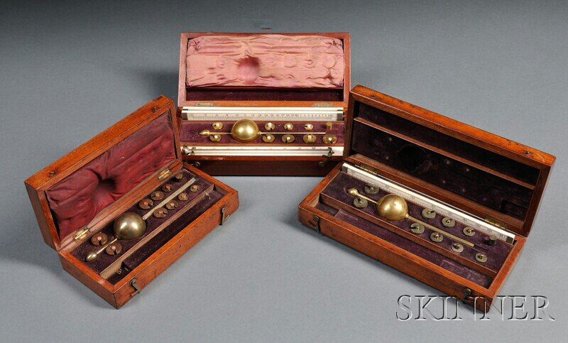 Three Sike's Hydrometers, London, each with calibr: Three Sike's Hydrometers, London, each with calibrated brass gauges, set of weights, and housed in wooden box with bone plaque stating Sikes Hydrometer, and retailer's name, a T.O. Blake complete with