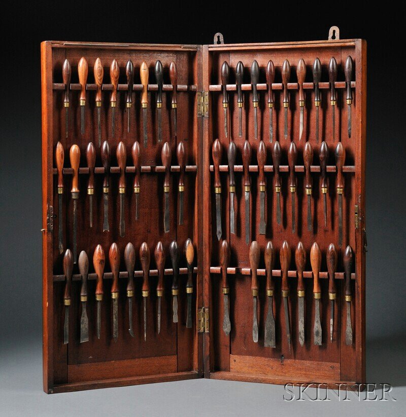 Fifty-one Ornamental Turning Tools, Holtzapffel an: Fifty-one Ornamental Turning Tools, Holtzapffel and H & D, late 19th early 20th century, with turned rosewood handles, some stamped in block lettering the profile cutter name, steel blades in various