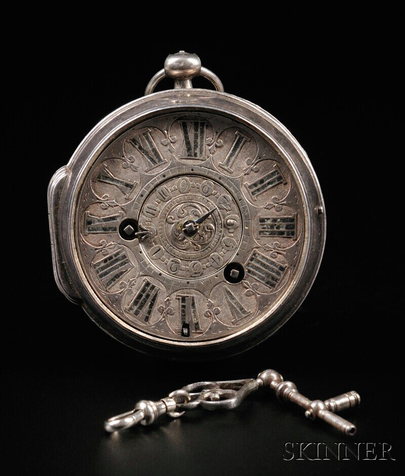 Isaac Yver Silver Case Alarm Watch, Bordeaux, Fran: Isaac Yver Silver Case Alarm Watch, Bordeaux, France, c. 1690, the engraved silver dial with outer Roman numerals set in simulated cartouches on a matted ground, two winding holes and revolving inner 