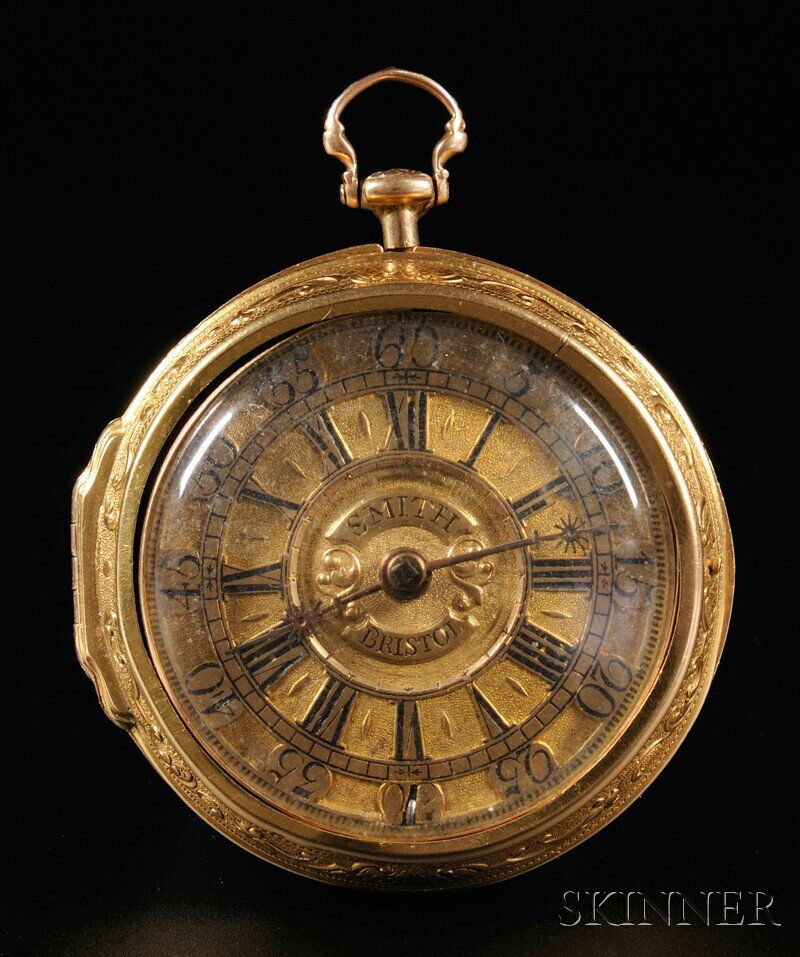 Joseph Smith Gold Repousse Pair Cased Watch, Brist: Joseph Smith Gold Repousse Pair Cased Watch, Bristol, England, c. 1730, the outer case with repousse work opens to the 22kt gold hallmarked case and champleve dial with Roman hour and Arabic minute nu