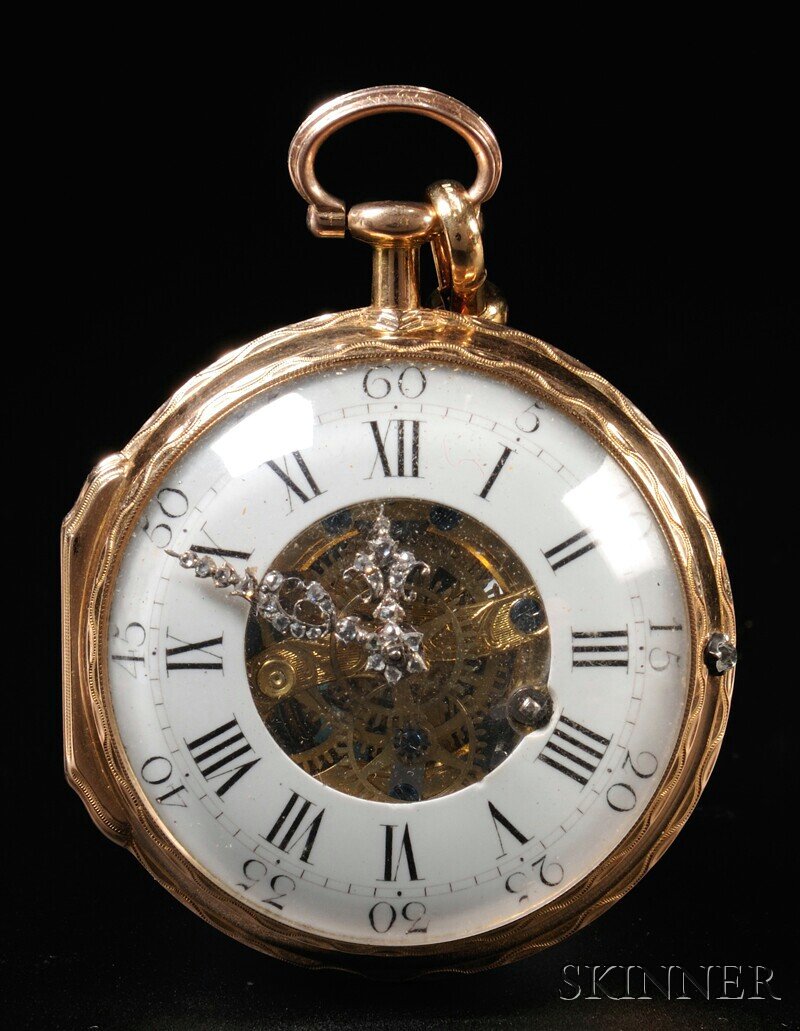 Charles LeRoy Gold Skeleton Watch, Paris, c. 1765,: Charles LeRoy Gold Skeleton Watch, Paris, c. 1765, no. 2168, with porcelain Roman numeral chapter ring, open center and pierced hands with paste stones, the single gold case with glass back to reveal 