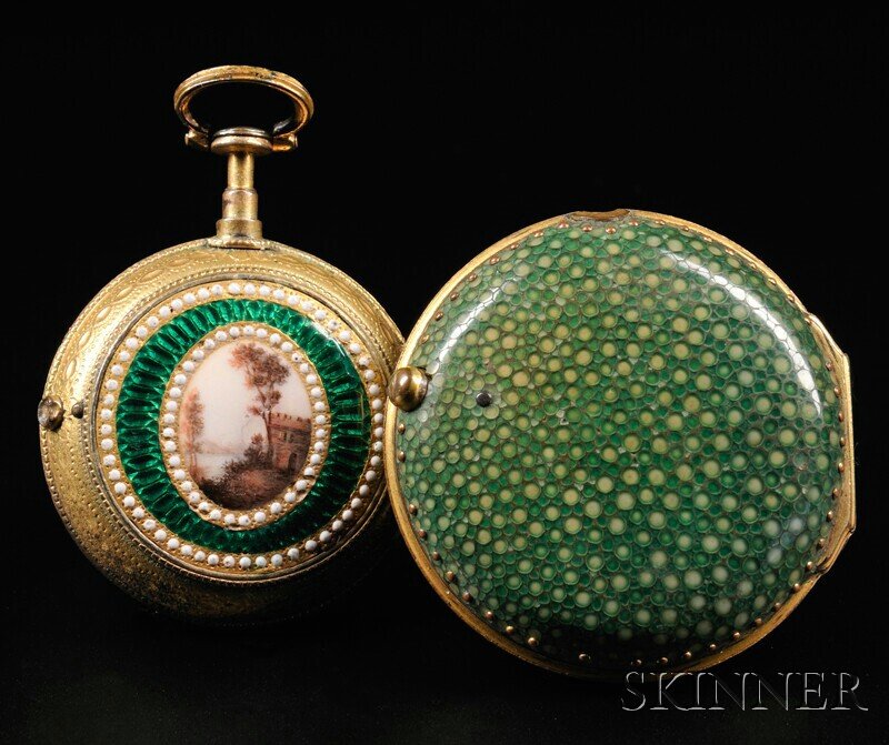 Thomas Green Gilt-brass and Shagreen Pair Case Wat: Thomas Green Gilt-brass and Shagreen Pair Case Watch, Liverpool, c. 1780-90, no. 1646, 35 mm porcelain dial with Roman numerals and gold beetle and poker hands, the outer shagreen brass-pinned case co