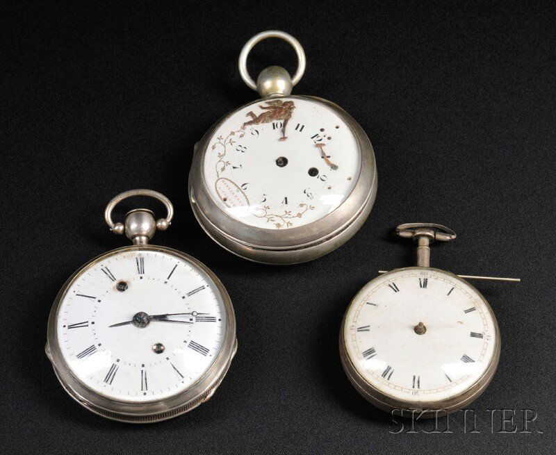 Three Early Watches for Restoration, including a F: Three Early Watches for Restoration, including a French alarm watch in a silver case, a verge-escapement pair cased watch lacking the outer case, and an automaton watch marked on the dust cover Montan