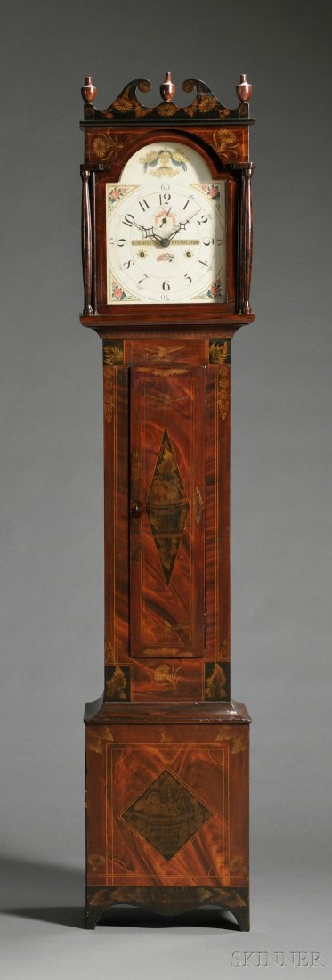 Riley Whiting Painted Tall Clock, Winchester, Conn: Riley Whiting Painted Tall Clock, Winchester, Connecticut, case attributed to Abraham Cole and decorated by his son, Rufus Cole (1804-1874), Broadalbin, New York, c. 1830, the painted wooden dial with