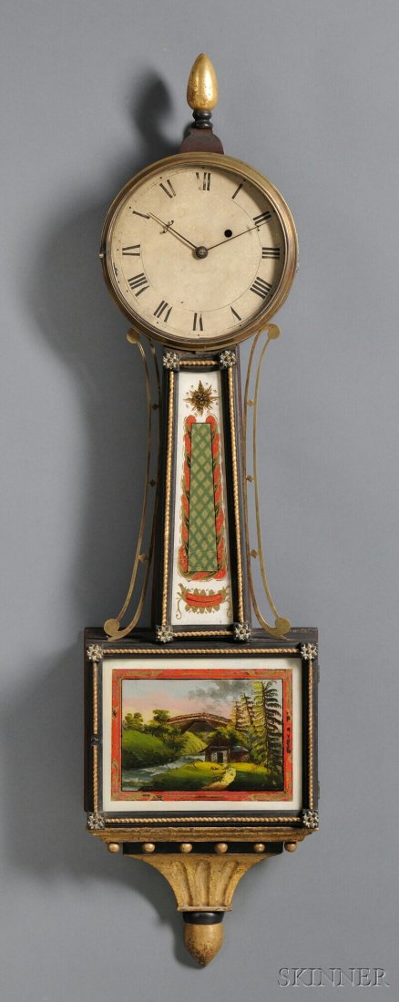 Mahogany Patent Timepiece or "Banjo" Clock Attribu: Mahogany Patent Timepiece or "Banjo" Clock Attributed to Sawin & Dyer, Boston, c. 1825, painted iron dial with Roman numerals, unusual ebonized frames with cast brass rosettes and gilt rope moldings e