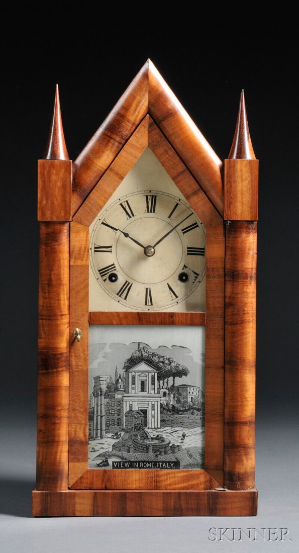 Rosewood Steeple Clock by Chauncey Boardman, Brist: Rosewood Steeple Clock by Chauncey Boardman, Bristol, Connecticut, with painted zinc Roman numeral dial, transfer-printed tablet marked View in Rome Italy, thirty-hour time and strike movement with wo